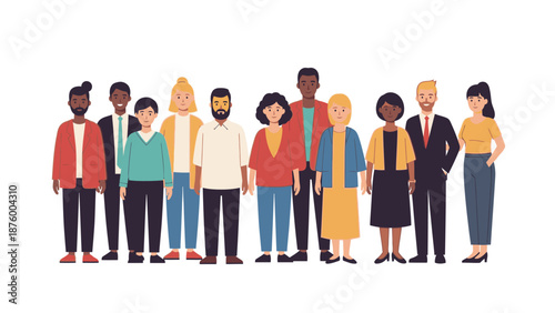 Flat illustration of a diverse group of people standing together in a line against a white background with a modern and inclusive mood.