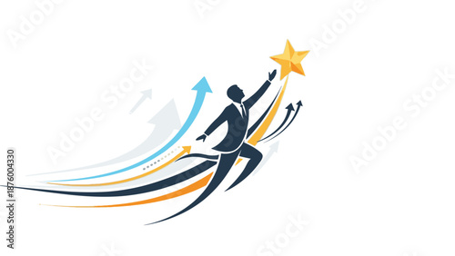 A dynamic illustration of a person reaching for a star with colorful arrows on a white background.