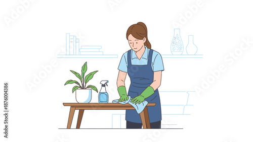 A woman in a blue apron and green gloves cleaning a wooden table with a cloth and spray bottle in a simple room.