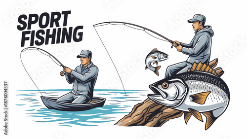 Illustration of two men fishing from a boat and on a log with fish, sporting gray outfits and caps, on a white background with blue water and text 'SPORT FISHING'.