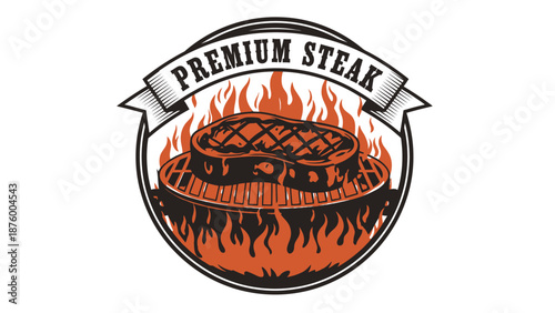 Grilled Steak Logo with Flames Design.