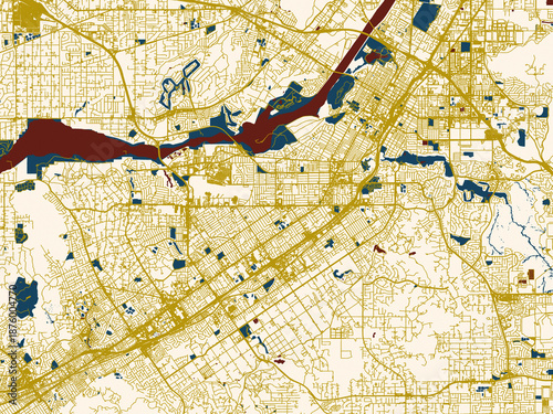 Canvas-taulu Urban map of Riverside, California in a flat palette: minimal ivory map base wit