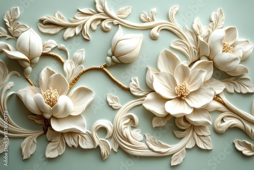 Ornate floral relief sculpture features creamy blossoms and swirling baroque elements against a pale background