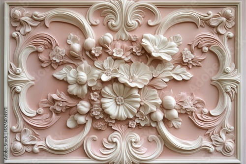 Ornate plaster molding features sculpted floral arrangement against a blush background