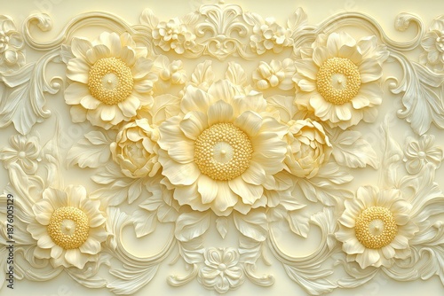 Ornate bas-relief featuring dimensional pale yellow floral elements and scrolling baroque ornamentation