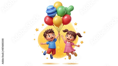 Joyful Children Levitating with Colorful Balloons and Stars, Evoking Happiness and Celebration