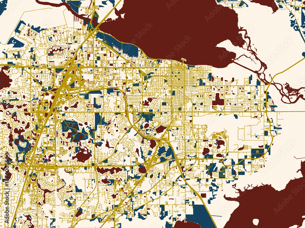 Fototapeta premium Poster-style map of Sanford, Florida using dark red water and warm gold roads
