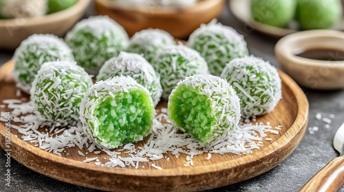 Close up of Indonesian klepon balls coated in coconut