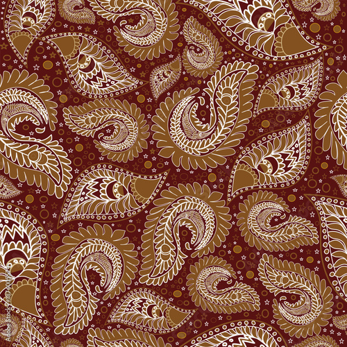 Seamless brown Paisley pattern featuring intricate teardrop shapes and elegant curved details. The warm, vintage-inspired brown tones create a timeless and sophisticated aesthetic. Perfect for textile