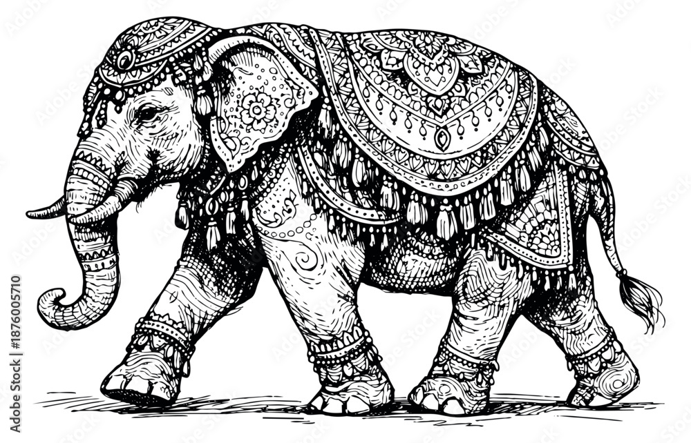 Obraz premium Hand drawn line art illustration of an ornate elephant depicting a ceremonial walk for cultural designs