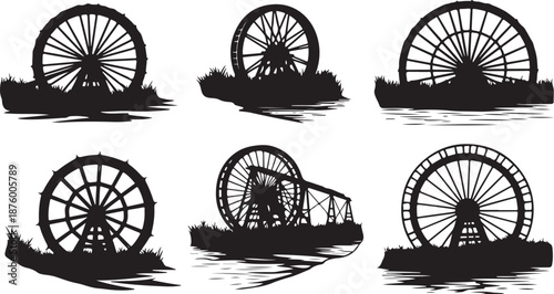 Silhouette of paddle steamboats with wheel on water