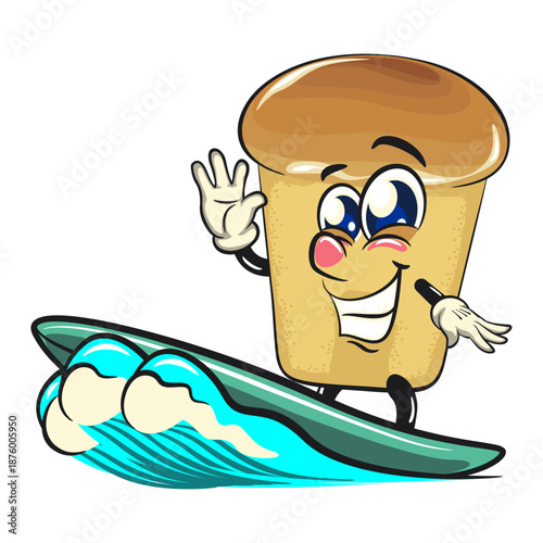 cute rum baba cake cartoon mascot character surfing riding the waves, vector illustration, work of hand drawn