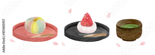 Konstfotografi Watercolor Strawberry Daifuku and Matcha Japanese Sweets Set with Cherry Blossom