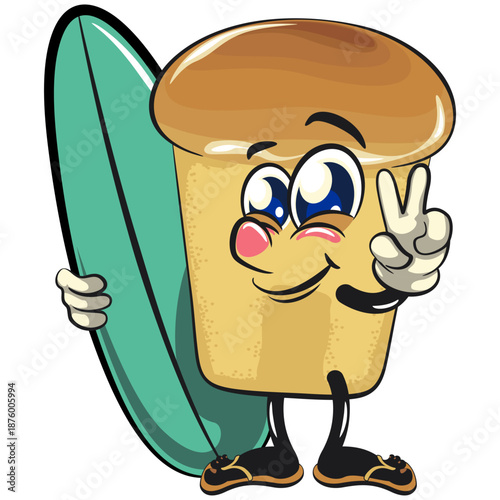 cute rum baba cake cartoon mascot character with surfboard and gave a peace sign, vector illustration, work of hand drawn