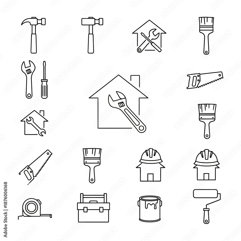 Obraz premium Home Repair Tools Line Icons Set. Construction, DIY, and Handyman Service Symbols including Wrench, Hammer, Saw, Paint Brush, and Toolbox.