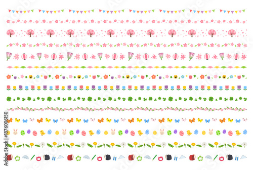 春のかわいい飾りラインセット 桜・入学式・イースター・花のシームレス罫線素材