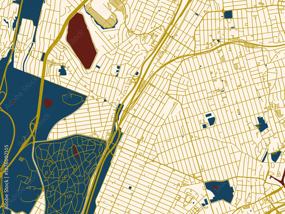 Obraz premium Flat city map of Wakefield, New York in dark red water and warm gold roads