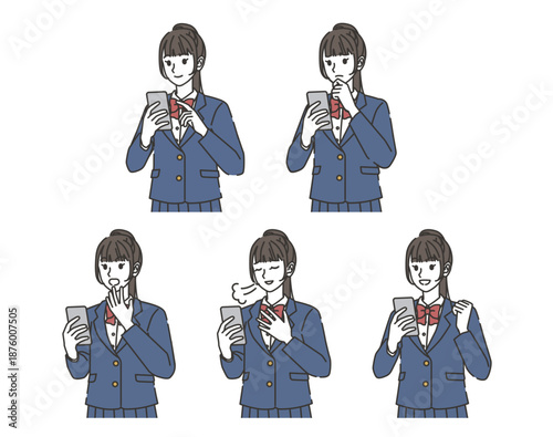スマホを使う女子高校生の感情バリエーションイラストセット