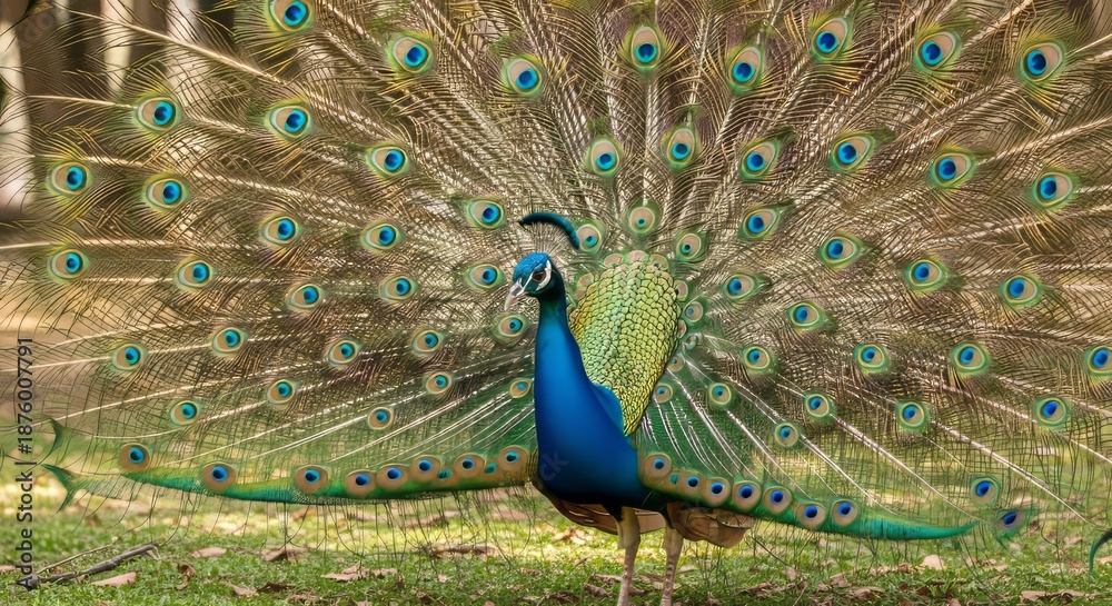 Fototapeta premium Indian peafowl displaying its magnificent iridescent tail feathers with eye patterns. A colorful and iconic bird native to the Indian subcontinent, symbolizing beauty and elegance.