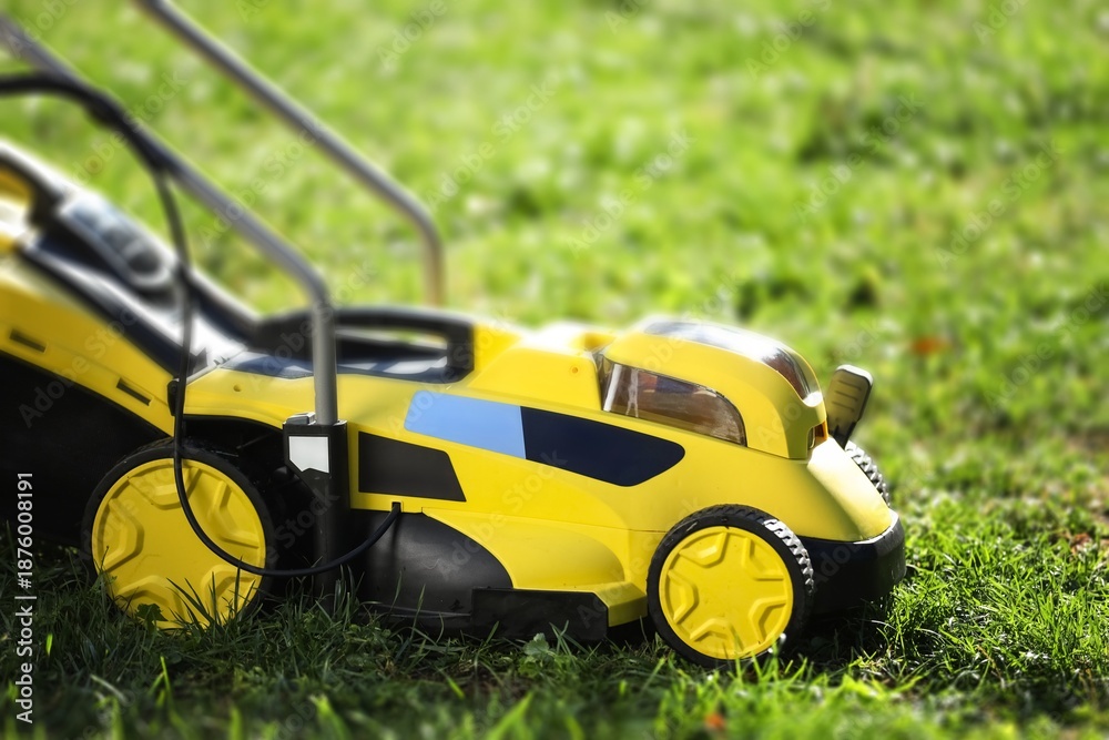 Fototapeta premium Modern lawn mower on green grass outdoors