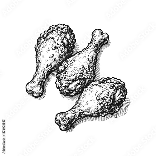 Three Kentucky Fried Chicken Legs. Black white vector illustration.