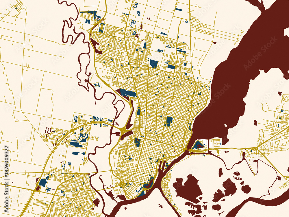 Obraz premium Poster-style map of Santa Fe, Argentina using minimal cream and gold map