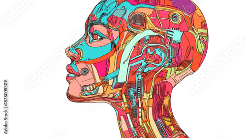 Vibrant Human Head with Mechanical Parts.