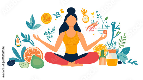Woman Practicing Yoga with Healthy Foods.