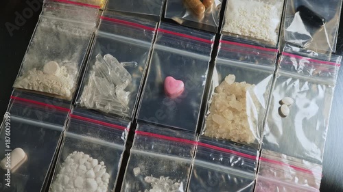 Pink heart shaped pressed pill ecstasy MDMA display. Fentanyl type opioid drugs in small packages drug bust concept . Synthetic opioids Nitazenes.