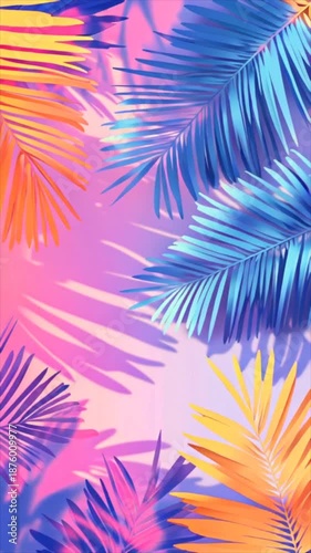 Colourful palm tree leaves background with copy space for text. Floral pattern wallpaper with shadows from shining sun