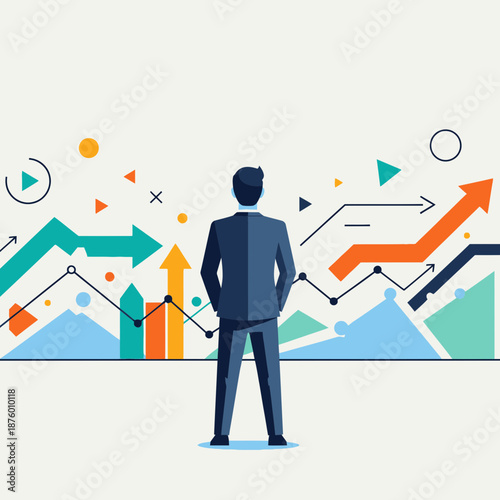 Businessman observing upward trending graphs and charts.