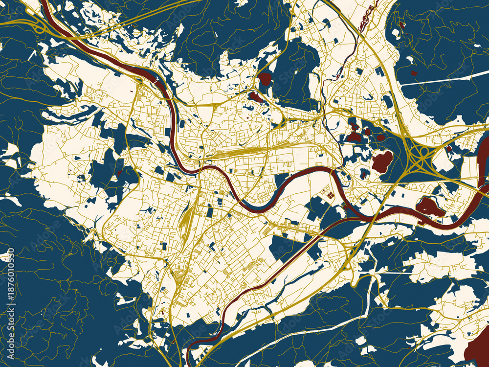 Naklejka premium City map of Villach, Austria – midnight red and gold palette