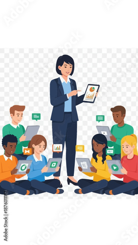 Teacher instructing diverse students with tablets in a classroom setting.