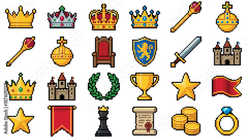 Collection of pixel art medieval icons featuring royal symbols like a crown, throne, sword, and castle, designed in a classic 8-bit video game art style