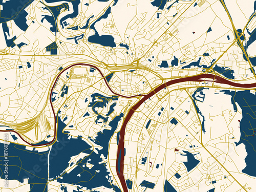 Valokuva Minimalist map of Namur, Belgium, gold street network with deep red water