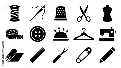 Collection of black sewing and tailoring icons featuring a needle, thread, scissors, mannequin, and sewing machine in a minimalist graphic style for dressmaking and craft projects
