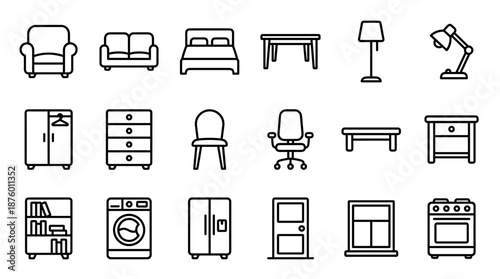 Large set of furniture and home appliance icons in a simple black outline style, including a sofa, bed, chair, table, lamp, wardrobe, and kitchen stove for interior design