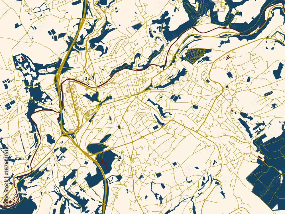 Fototapeta premium City map of Verviers, Belgium – midnight red and gold palette