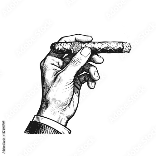 Hand holding a cigar Black white vector illustration.
