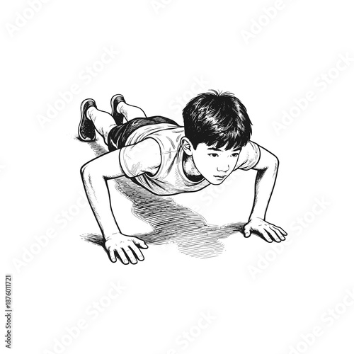 A boy doing push ups. Black white vector illustration.