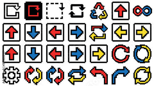 Collection of colorful pixel art icons featuring various arrows and symbols for a retro video game user interface, showing navigation and action buttons like refresh and recycle