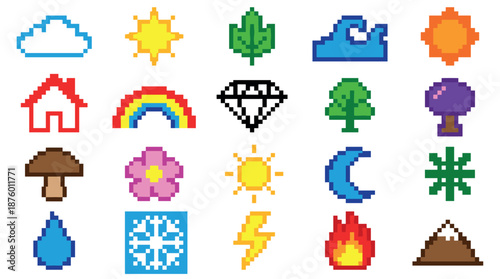 Colorful pixel art icon set featuring various nature, weather, and fantasy elements for retro video game design, including a sun, cloud, rainbow, fire, and water drop