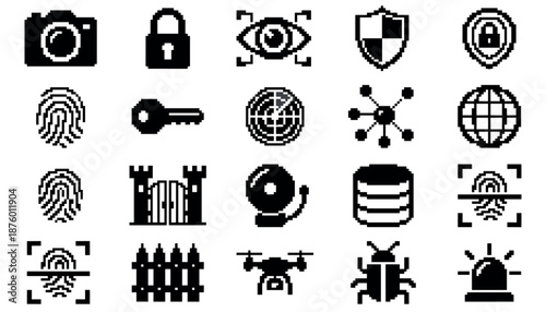 Set of black pixel art icons for cybersecurity and technology, featuring symbols like a padlock, fingerprint, drone, and shield in a minimalist retro 8-bit video game style