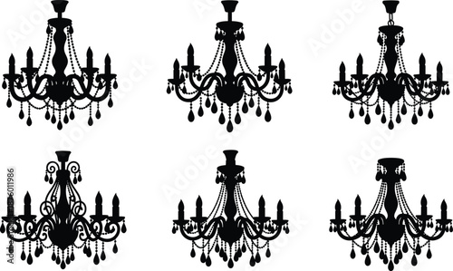 Set of black chandelier silhouettes featuring vintage crystal lamps, luxury ceiling light fixtures, and ornate baroque candelabra icons for classic interior design.