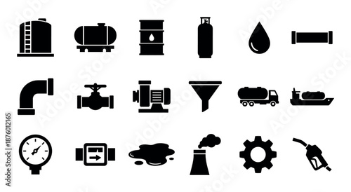 Set of black silhouette icons representing the oil and gas industry with symbols for storage, transportation, and equipment like tanks, pipes, pumps, and fuel nozzles
