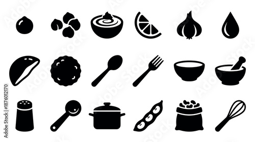 Set of black food and cooking icons featuring hummus and falafel ingredients like chickpeas, lemon, garlic, and pita bread alongside various kitchen utensils for meal preparation