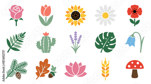 Collection of colorful plant and flower icons in a flat graphic style, featuring a rose, sunflower, cactus, and mushroom for nature and botanical design concepts