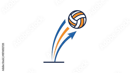 A volleyball is shown in mid-air, having just been served or hit, with stylized upward arrows indicating its trajectory.