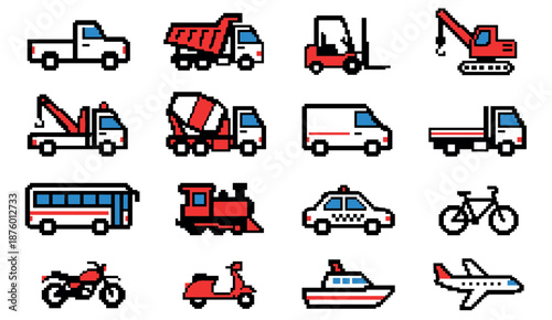 Set of pixel art vehicle icons showing various modes of transportation including trucks, cars, and planes in a simple, retro 8-bit graphic style for digital assets