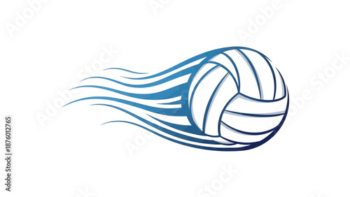 A dynamic illustration of a volleyball in motion with stylized blue flames trailing behind it.